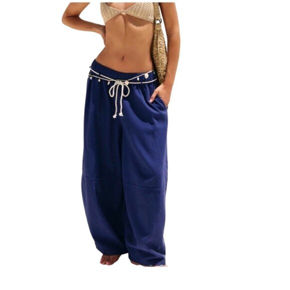 Free People Kayden Barrel Loose-Fit Navy Blue Pants With Drawstring Waist Medium - Picture 11 of 11